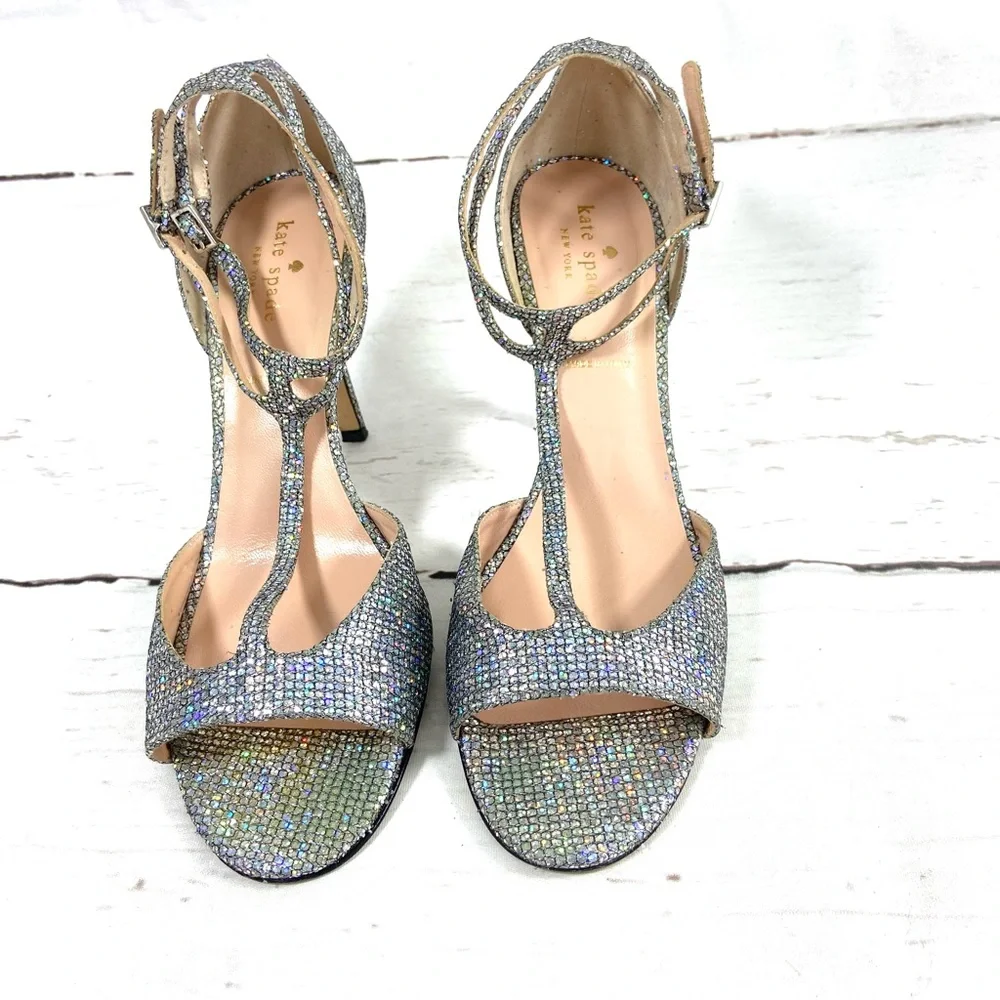 Kate Spade New York Shoes Women’s 10M Silver Pumps T-Strap Glitter Ankle‎ Strap